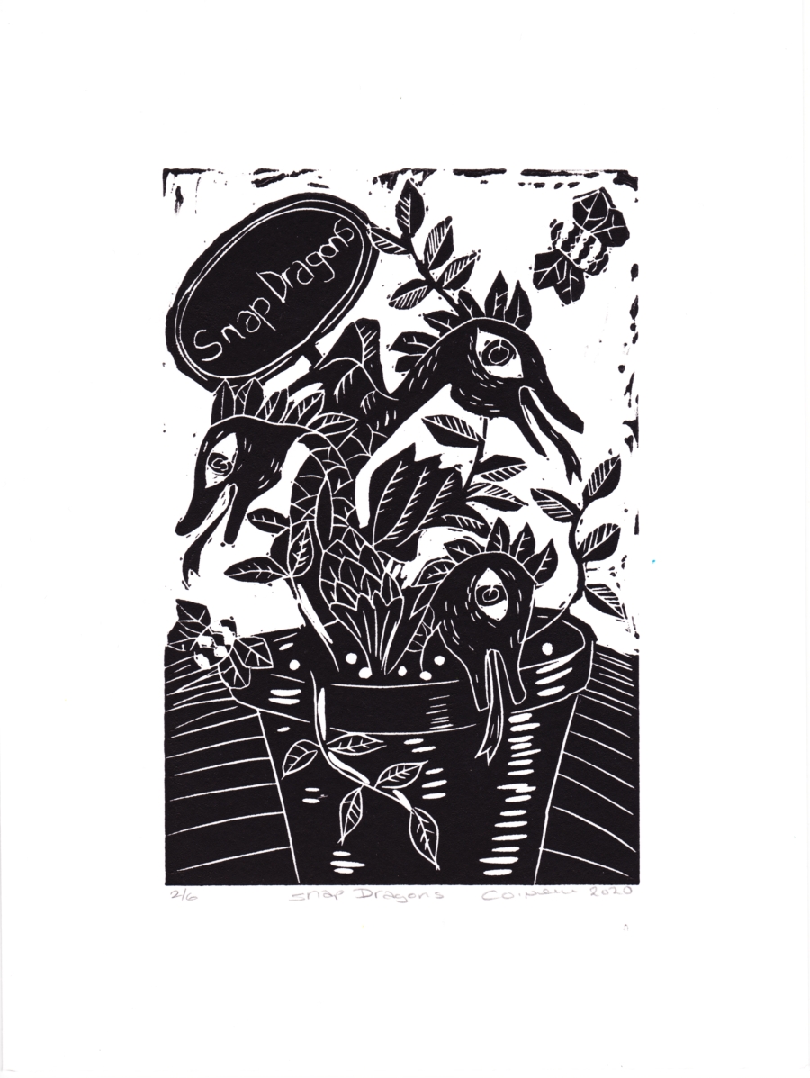 Potted Snap Dragons. - Lino Print - Made in Yorkshire
