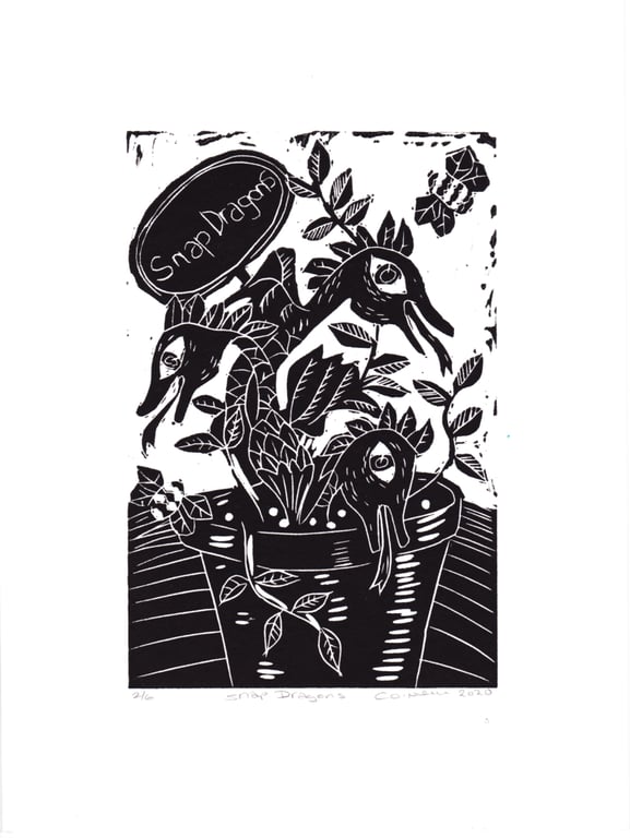 Potted Snap Dragons. - Lino Print - Made in Yorkshire