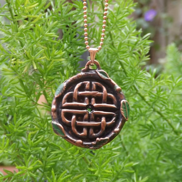 Copper Celtic Shield Knot Pendant Necklace with Tsavorite Garnet Gemstone.