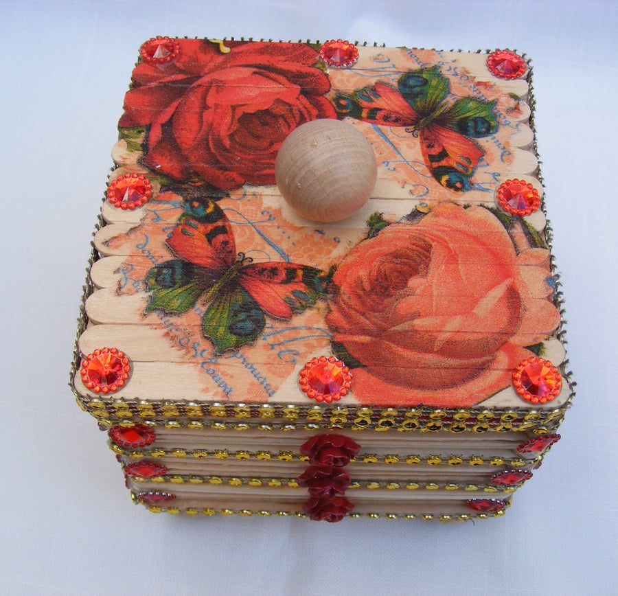 Handmade Red Rose wooden decoupaged Jewellery Box