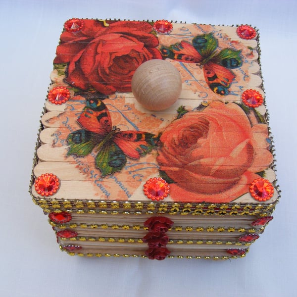 Handmade Red Rose wooden decoupaged Jewellery Box