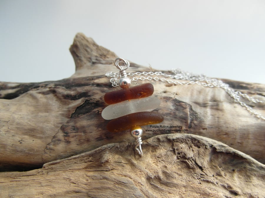 Dark Amber and White Cornish Sea Glass Stack Necklace, Sterling Silver N360
