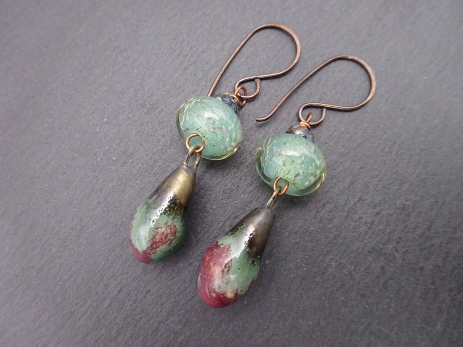 red and green lampwork glass and ceramic earrings, copper jewellery
