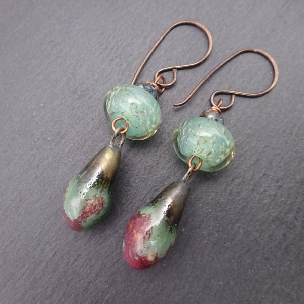 red and green lampwork glass and ceramic earrings, copper jewellery