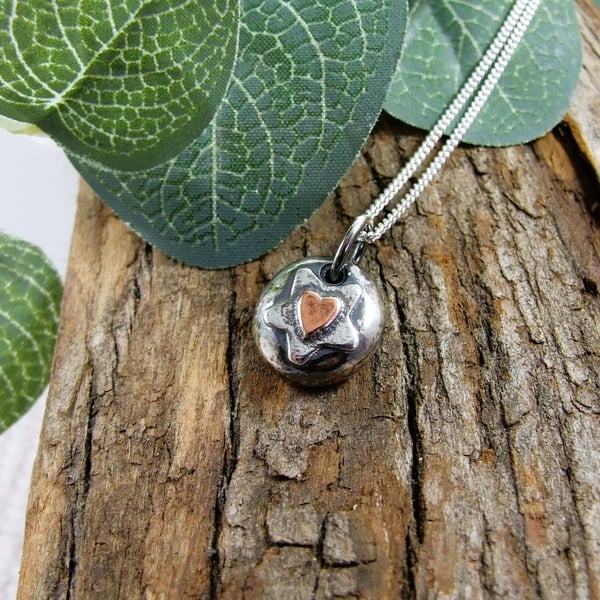 Sterling Silver Pebble Necklace with Star and Copper Heart
