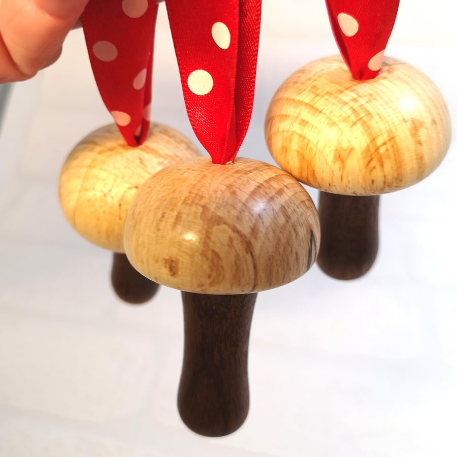 Woodturned hanging Mushroom decoration (set of 3)