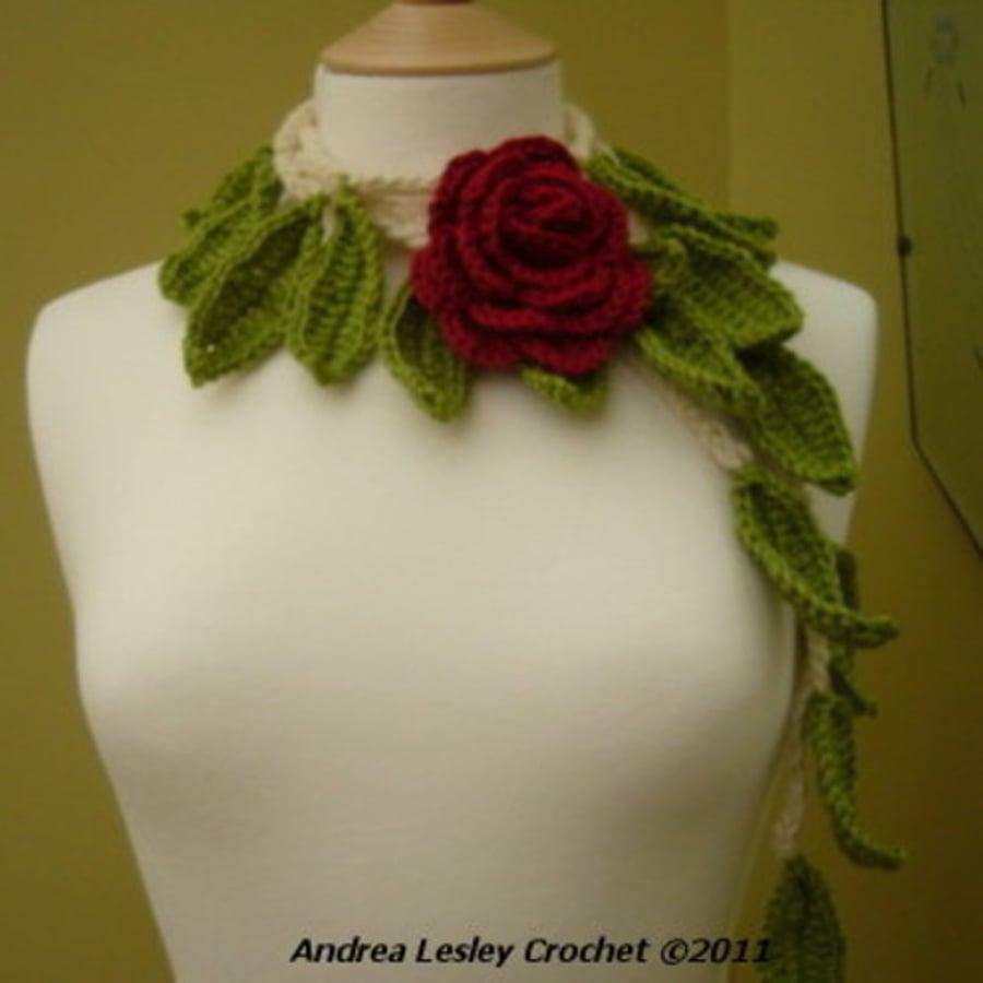 Lariat Scarf in Crochet with a Red Rose and Green Leaves (Made to Order)