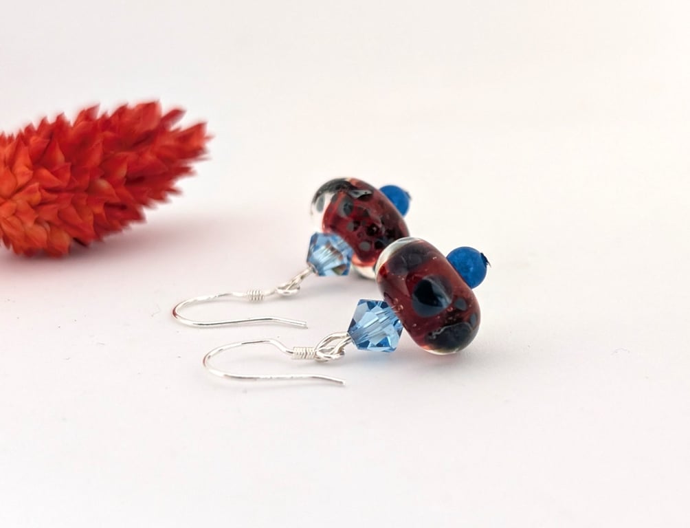 Handmade Art Glass Dangle Earrings: Swarovski Crystals, Sterling Silver Earwires