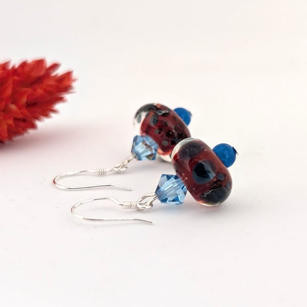 Handmade Art Glass Dangle Earrings: Swarovski Crystals, Sterling Silver Earwires
