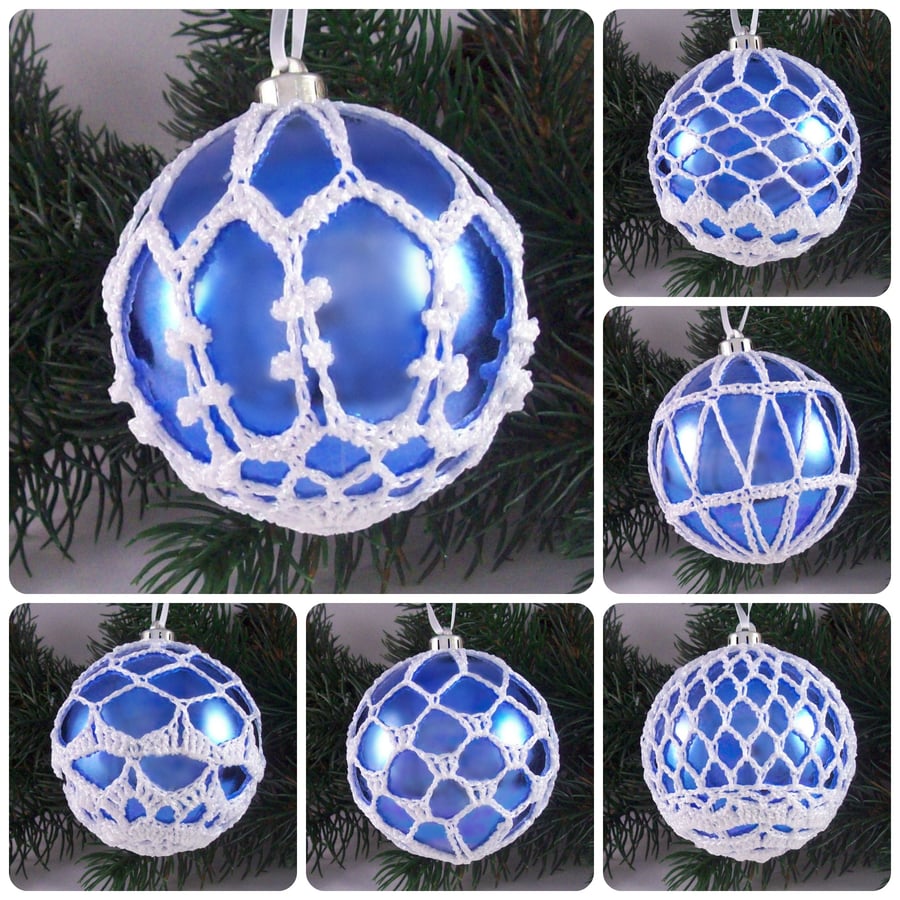 Christmas baubles boxed set of 6 large decorated with crochet lace