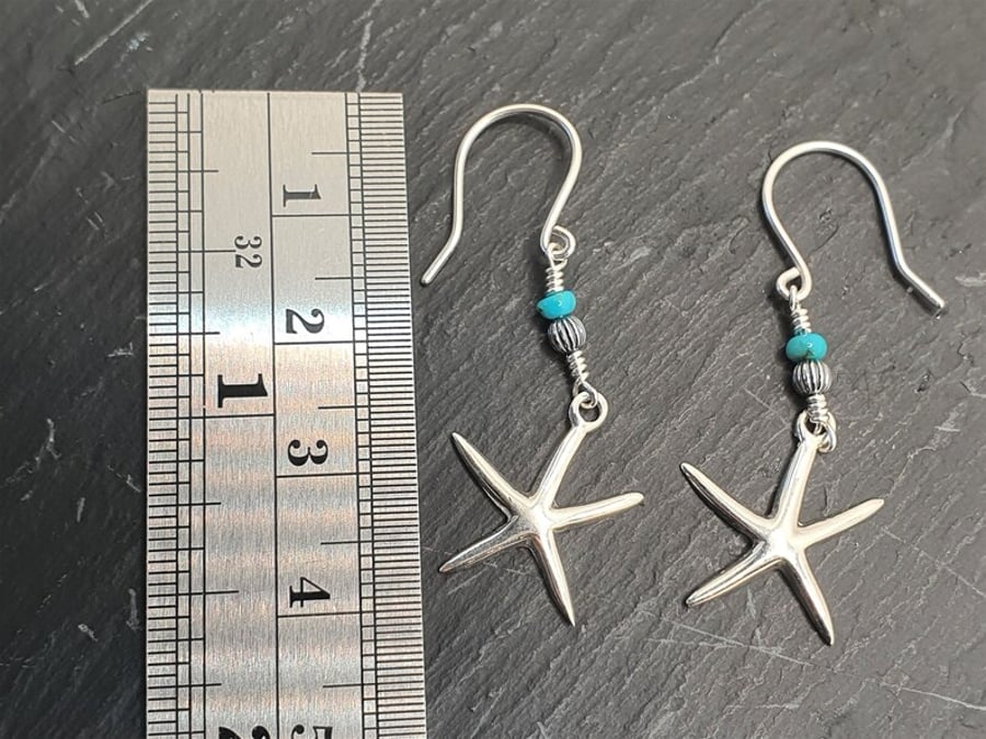 Sterling Silver Starfish Earrings with Real Turquoise Beads