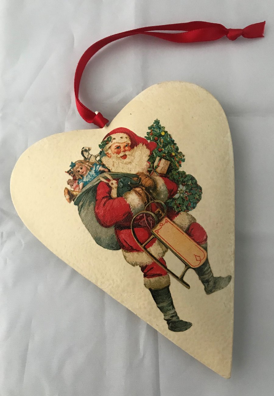 Decorated Christmas Metal Hanging Heart Decoration Vintage Santa Unusual