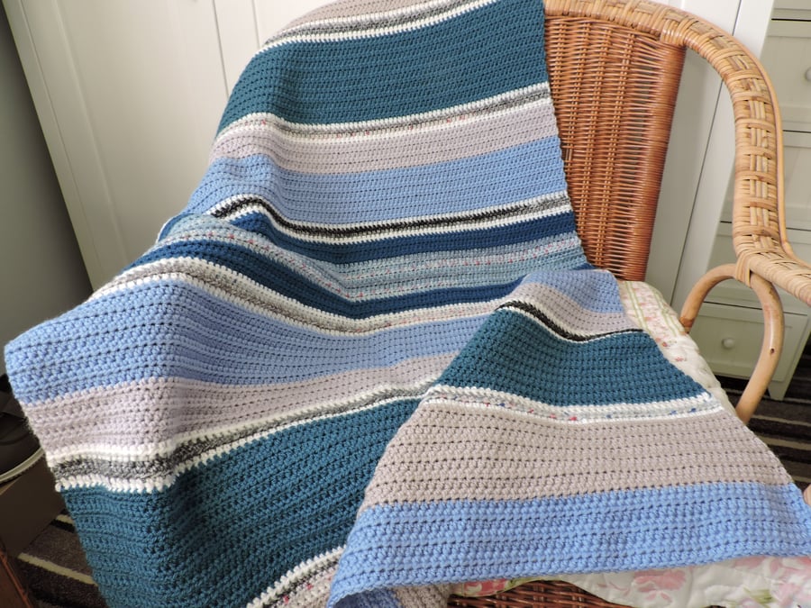  Crochet Blanket Striped Blue Grey Teal Taupe White Black Sale