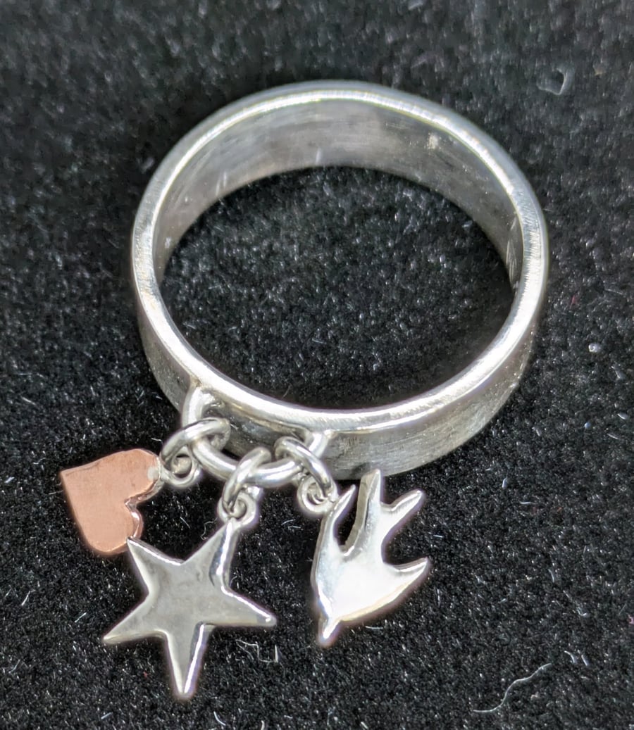 Sterling silver charm ring, Handmade ring with charms