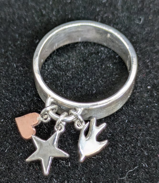 Sterling silver charm ring, Handmade ring with charms