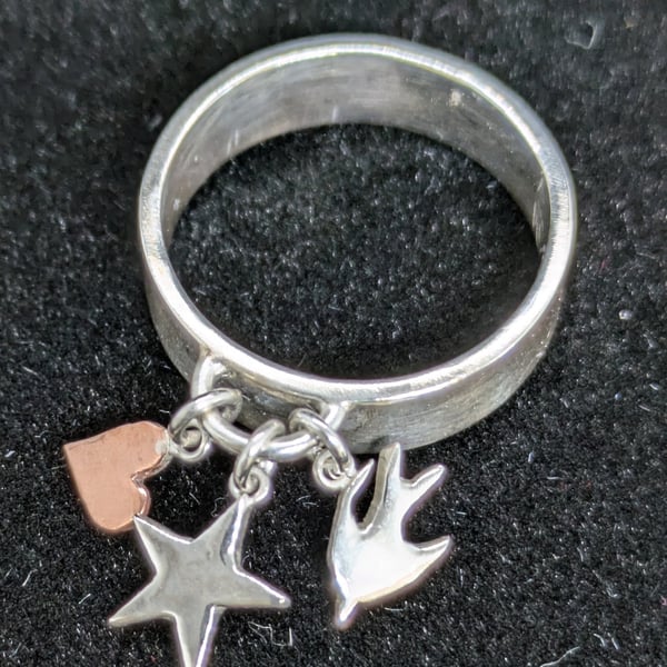 Sterling silver charm ring, Handmade ring with charms