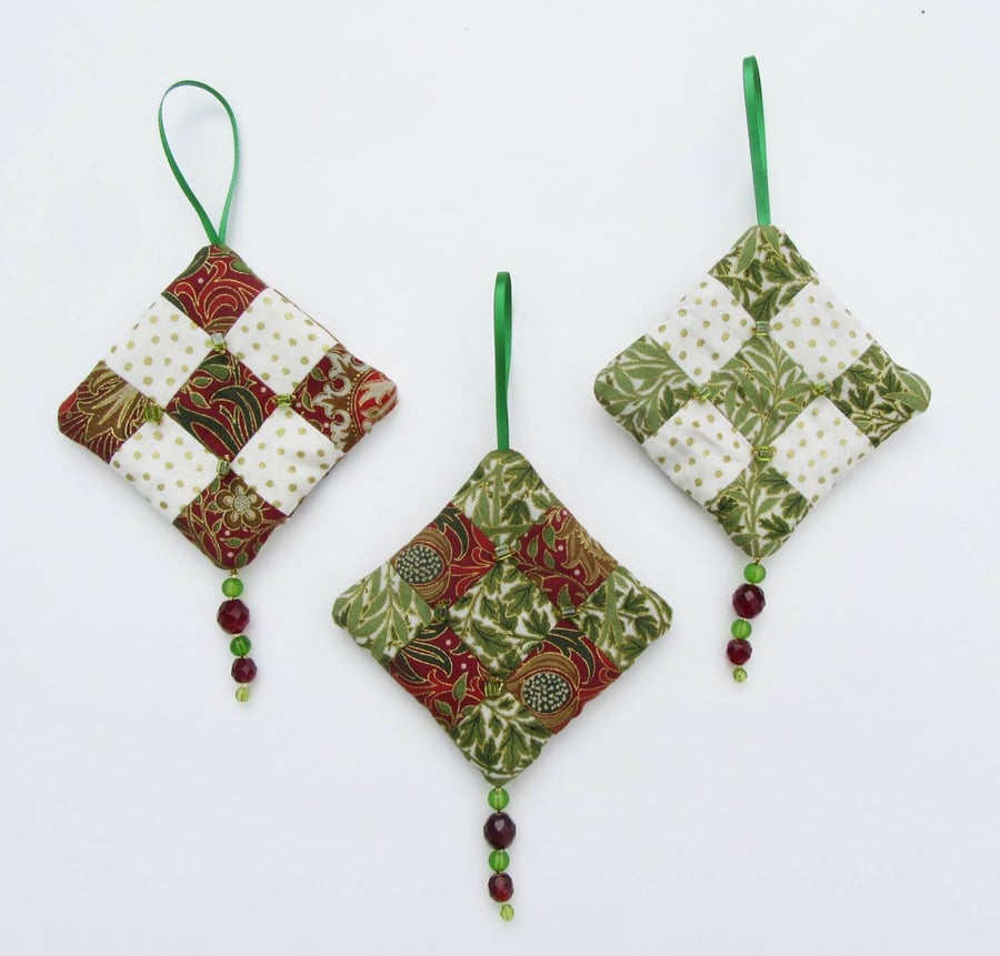 Set of 3 Fabric, Beaded Tree Decorations