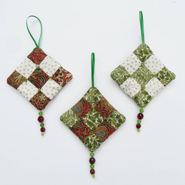 Set of 3 Fabric, Beaded Tree Decorations