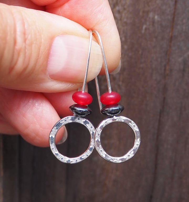 HOOPS, Sterling silver dangle hoop earrings, hematite and red jade hoops earring