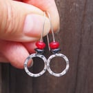 HOOPS, Sterling silver dangle hoop earrings, hematite and red jade hoops earring