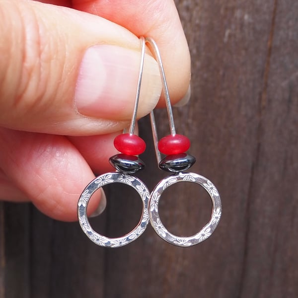 HOOPS, Sterling silver dangle hoop earrings, hematite and red jade hoops earring