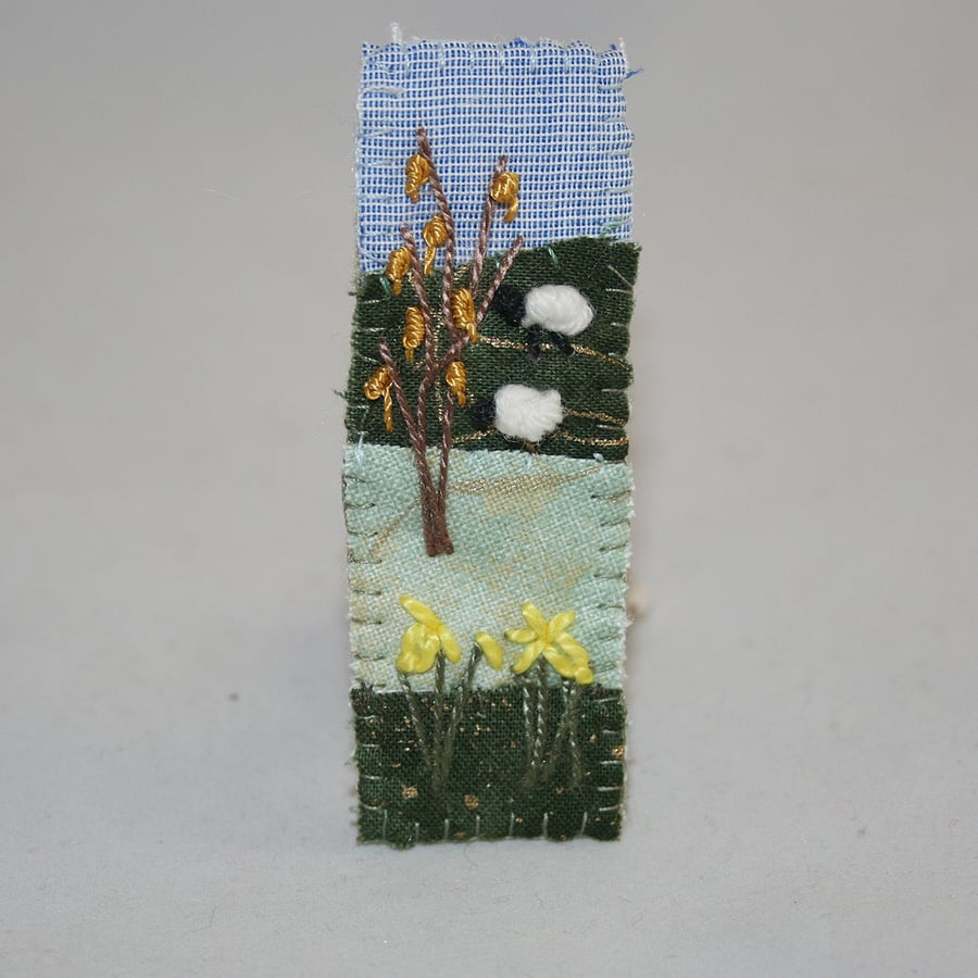 Embroidered Appliqued Brooch - Daffodils and sheep