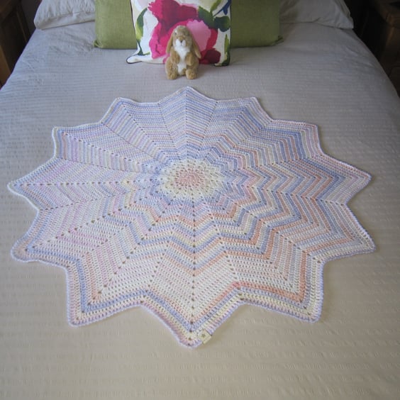 White Crochet baby Blanket,  pastel rainbow stripes, baby girl, baby gift idea