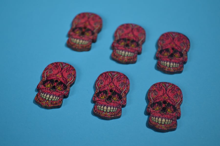 Wooden Shaped Skull Buttons Red Pink 6pk Day of the Dead Button 25mmx15mm (SK6)