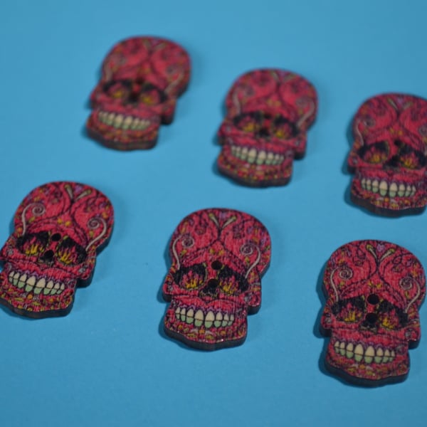 Wooden Shaped Skull Buttons Red Pink 6pk Day of the Dead Button 25mmx15mm (SK6)