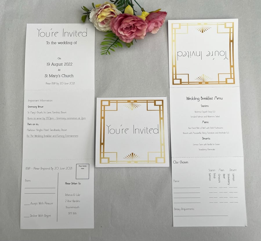 Tri-Fold Wedding Invitation with RSVP Folded Wedding Invitation Perforated Art D