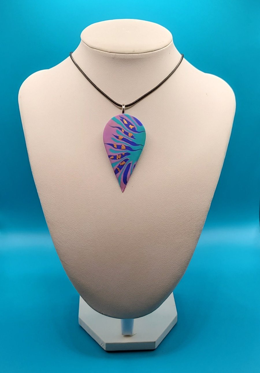 Unique handmade polymer clay teardrop pendant necklace 60mm x 30mm