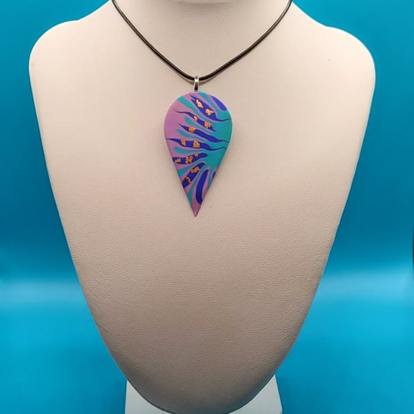 Unique handmade polymer clay teardrop pendant necklace 60mm x 30mm