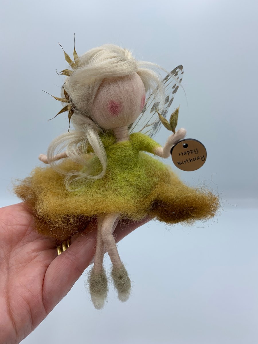 Needle Felted Autumnal Butterfly Shelf Fairy with a Happy Birthday wish