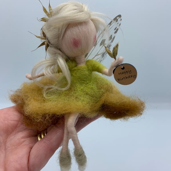 Needle Felted Autumnal Butterfly Shelf Fairy with a Happy Birthday wish