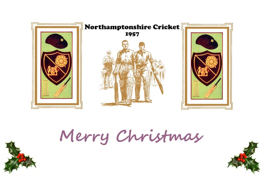Christmas card cricket vintage 1957 Northamptonshire badge design.FREE UK P&P