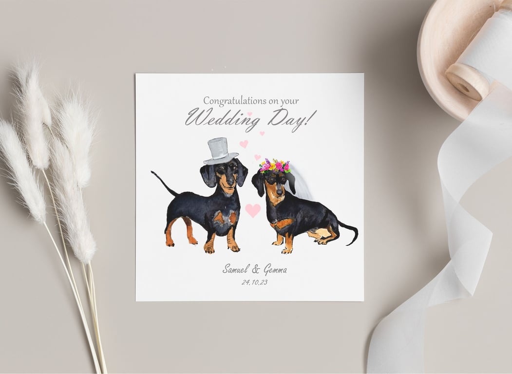 Personalised Wedding Day Card with Dachshund Dogs, with names and date.