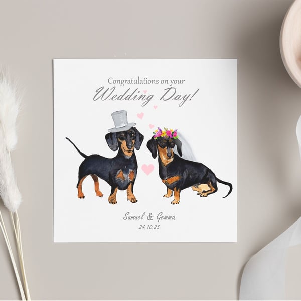 Personalised Wedding Day Card with Dachshund Dogs, with names and date.