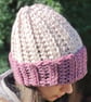 Handmade Ribbed Hat in Mauve and Light Beige - Image 2