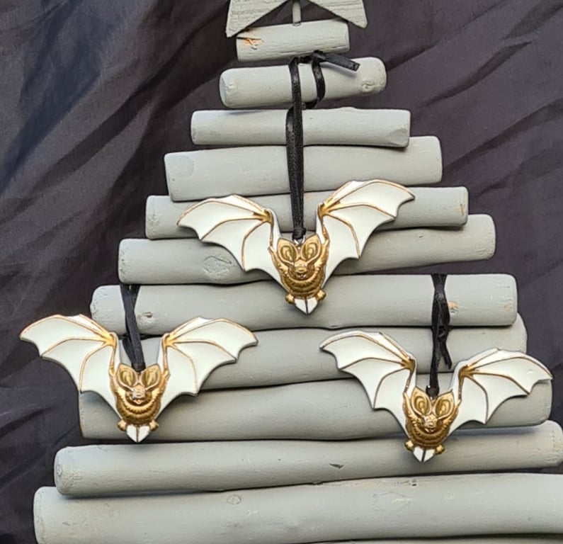 Creepy Cute Metallic and White Tone Bats - Hanging Decorations Set of 3