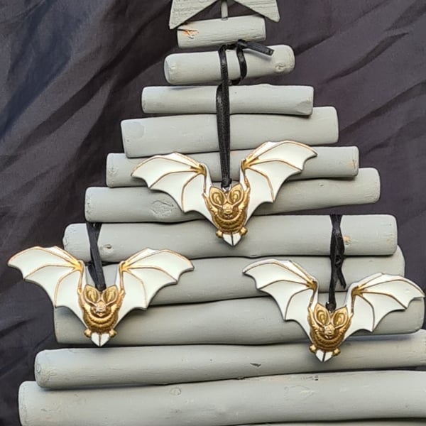 Creepy Cute Metallic and White Tone Bats - Hanging Decorations Set of 3
