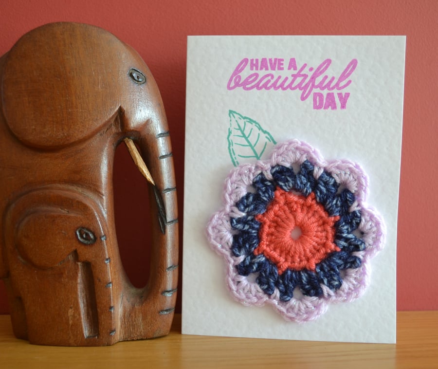 Greeting card with peach & navy crochet flower - No. 03