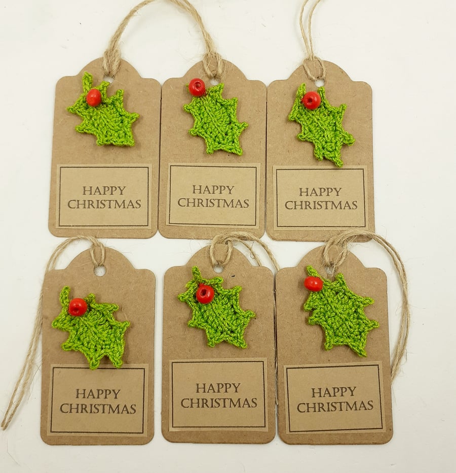 Six Crochet Holly Leaf  Gift Tags