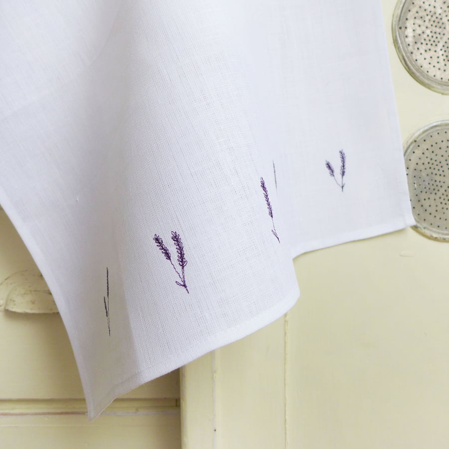 Embroidered White Linen Lavender Tea Towel