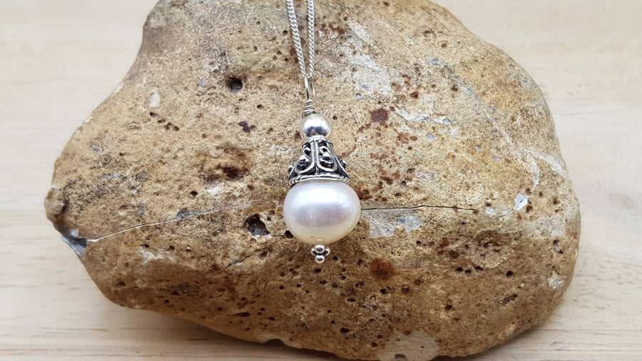 Freshwater pearl cone pendant necklace. June Birthstone
