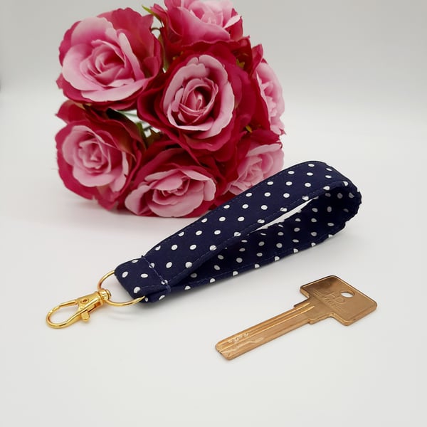 Navy blue polkadot bag charm, wristlet, keyfob. Free uk delivery.  