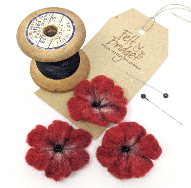 Small red felted flower brooch