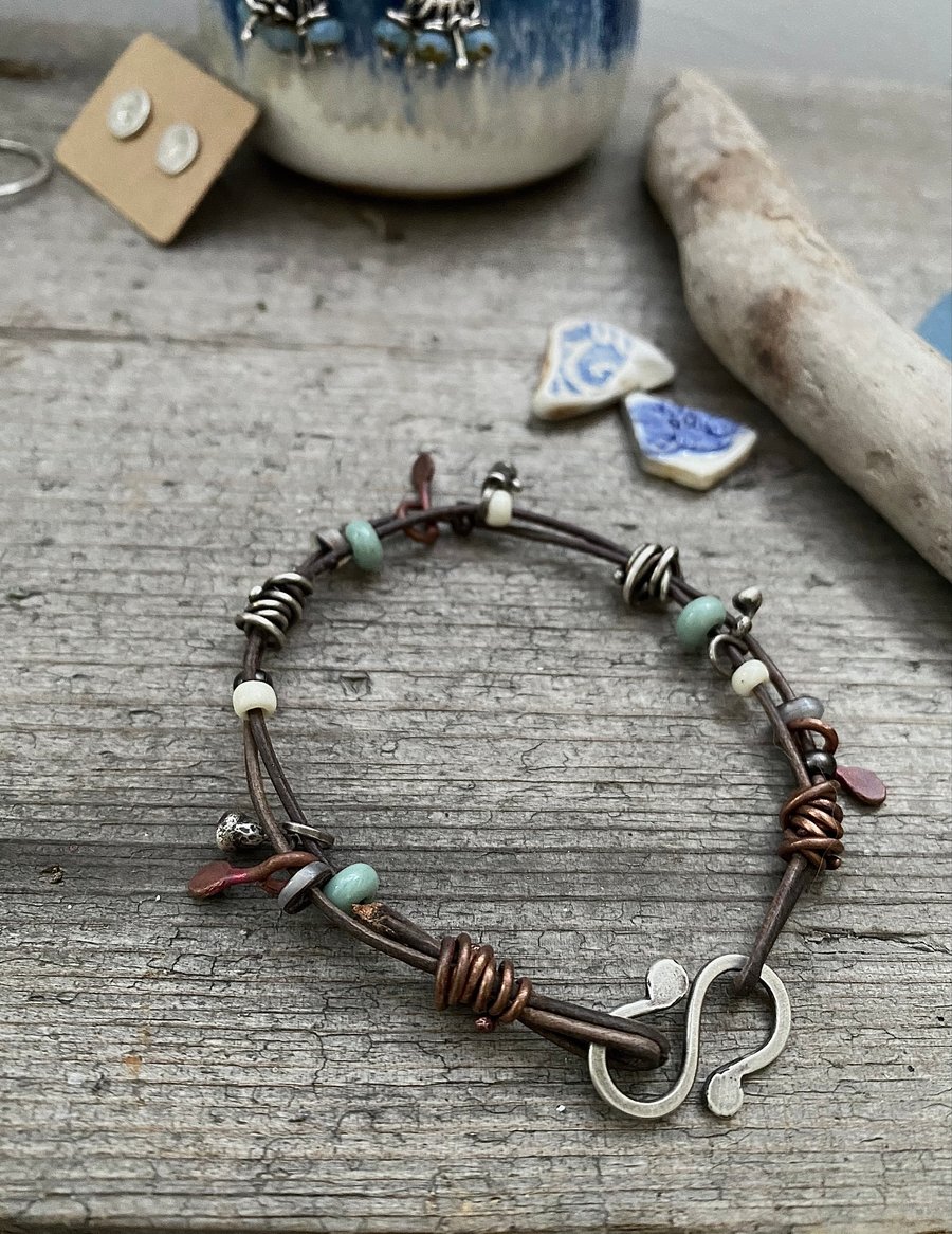 Leather bracelet, silver and bead bracelet, bohemian style 