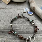 Leather bracelet, silver and bead bracelet, bohemian style 