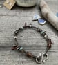 Leather bracelet, silver and bead bracelet, bohemian style 