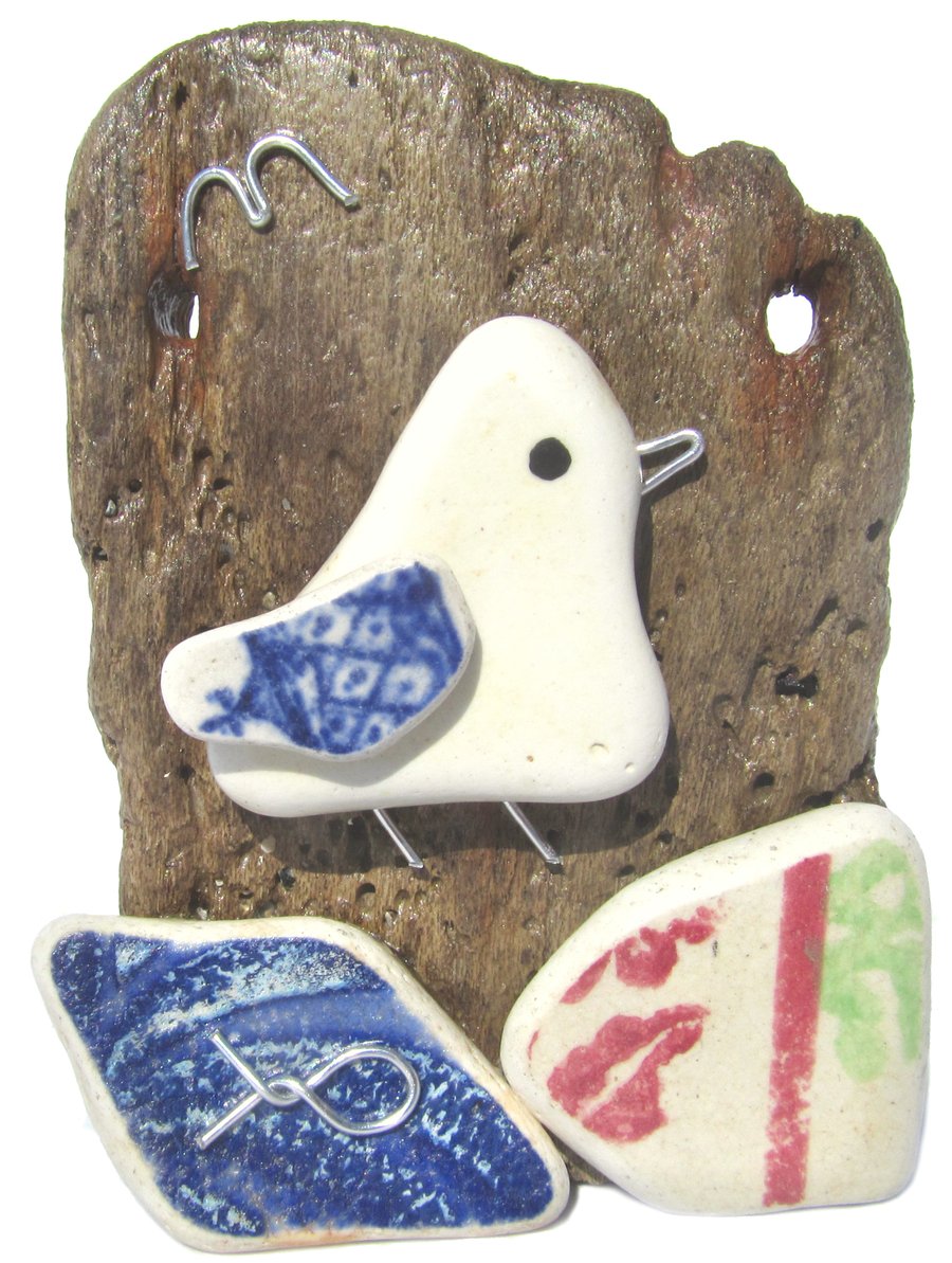 Pebble Art Driftwood Ornament Sculpture - Seagull. Handmade from Beach Pottery.